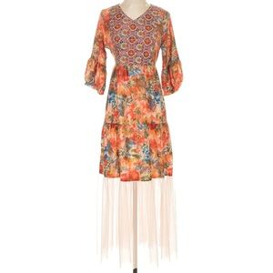 ALS Retro Floral Orange Dress with Sheer Hem